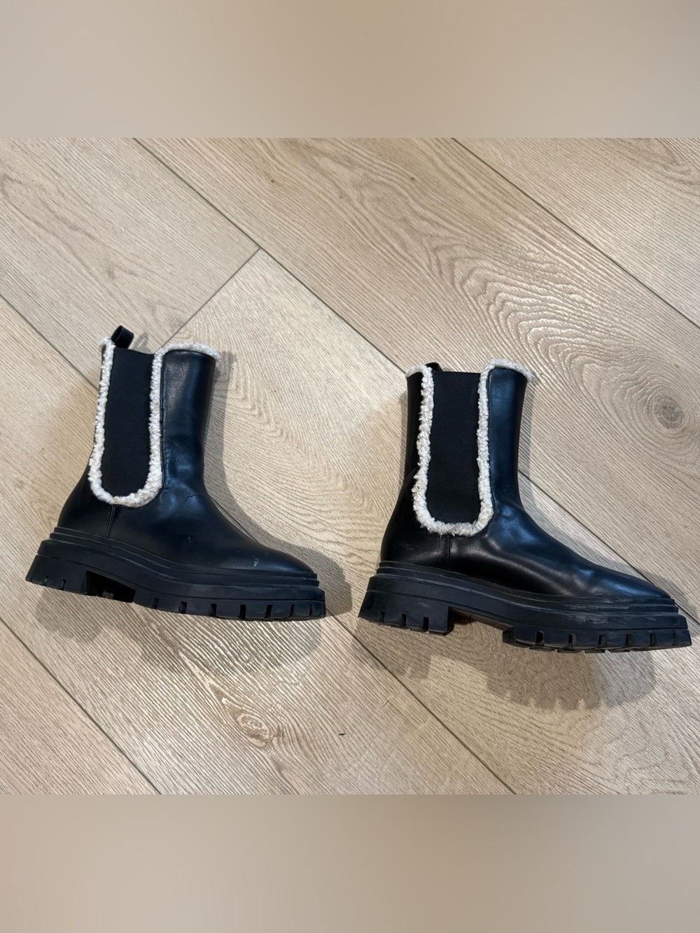T.J.Maxx Black Chelsea Boots with Faux Shearling Trim